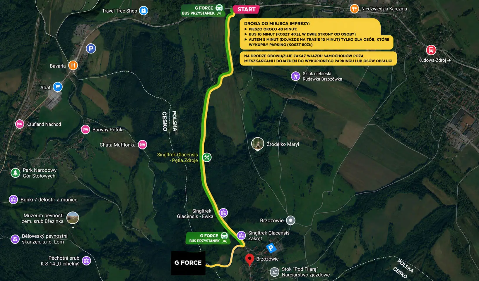 Route to the G-FORCE event site in Brzozowie near Kudowa-Zdroj